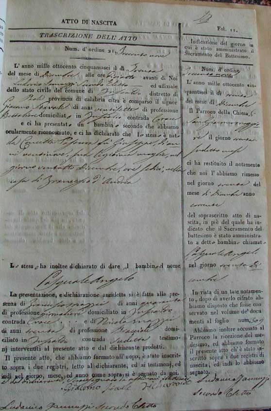 Pasquale Angelo Stávale - Registro de Nascimento e Batismo (Itália - 1856)