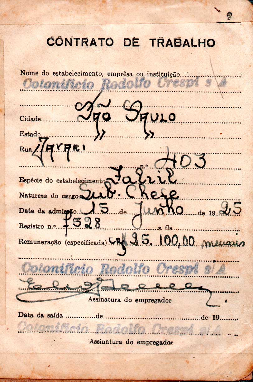 Carteira de Trabalho de Jose Stávale Jrunior com contrato do Crespi (1925)