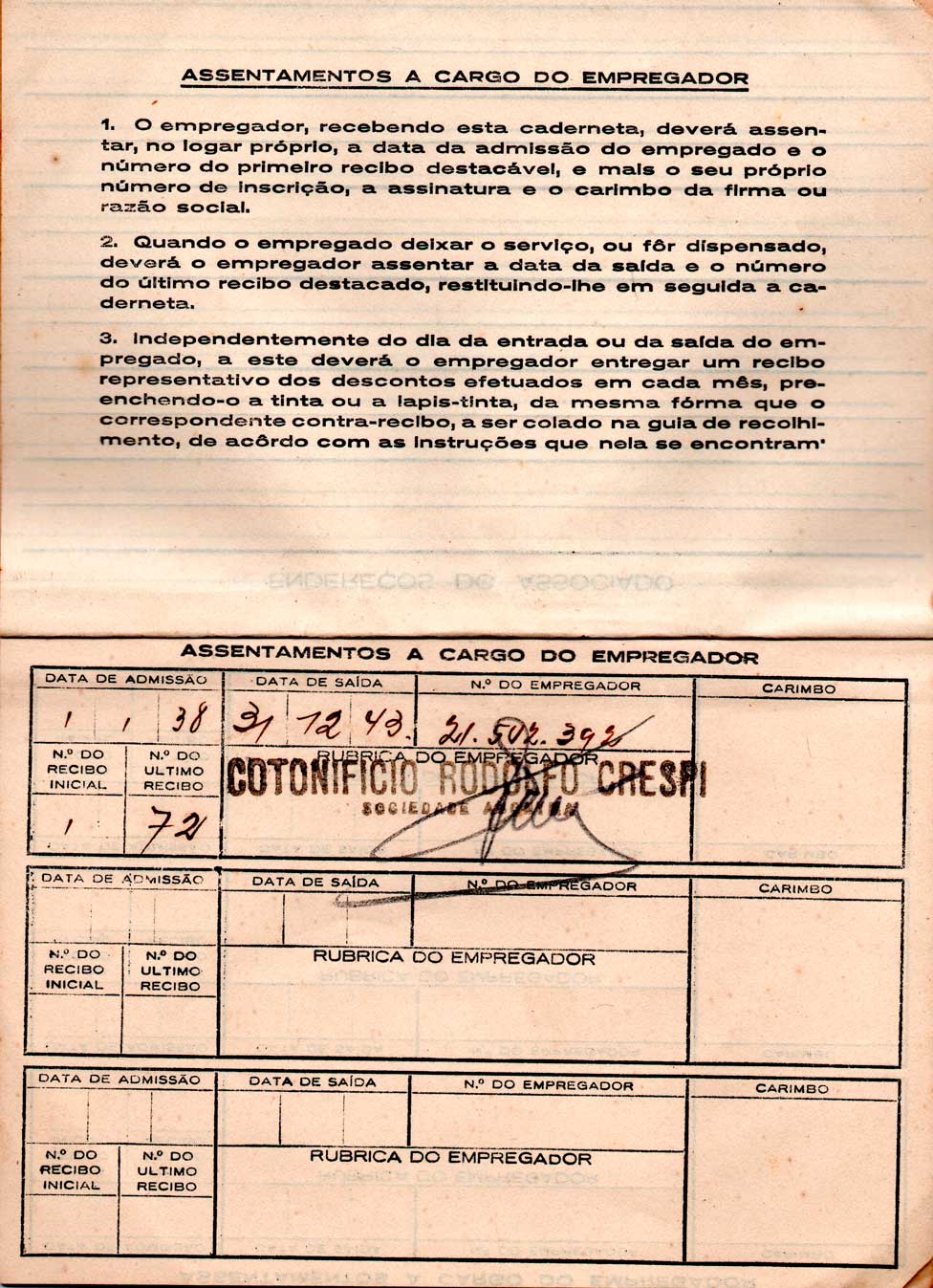 Carteira de Trabalho de Jose Stávale Jrunior com contrato do Crespi (1926)