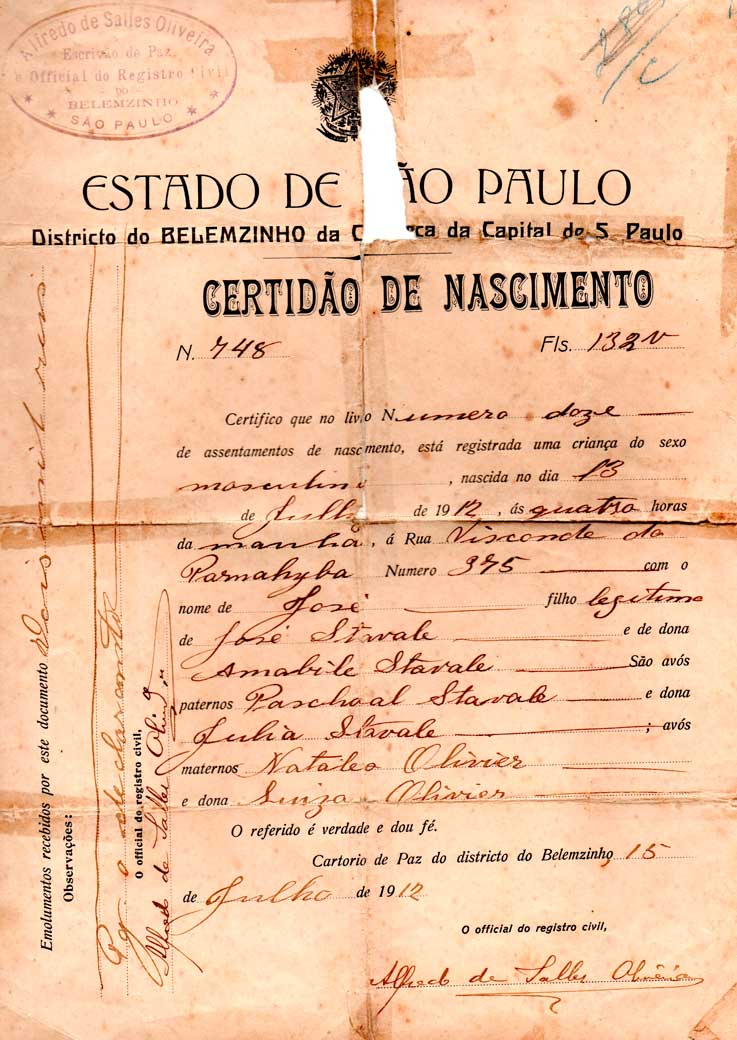 Certidão de Nascimento de Jose Stávale Junior (1912)