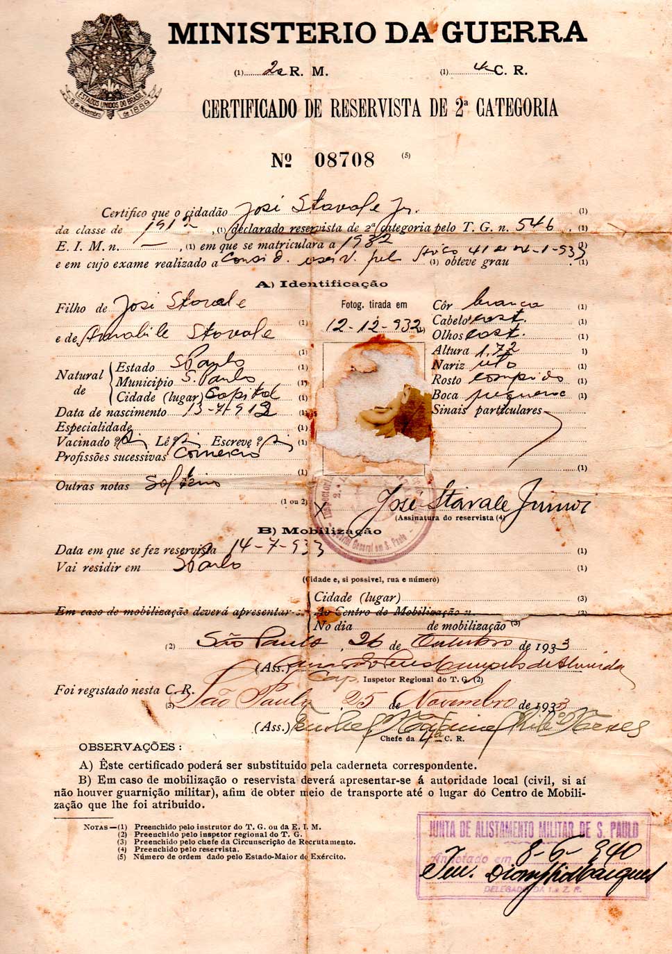 Certificado de Reservista do Exercito de Jose Stávale Junior (1933)
