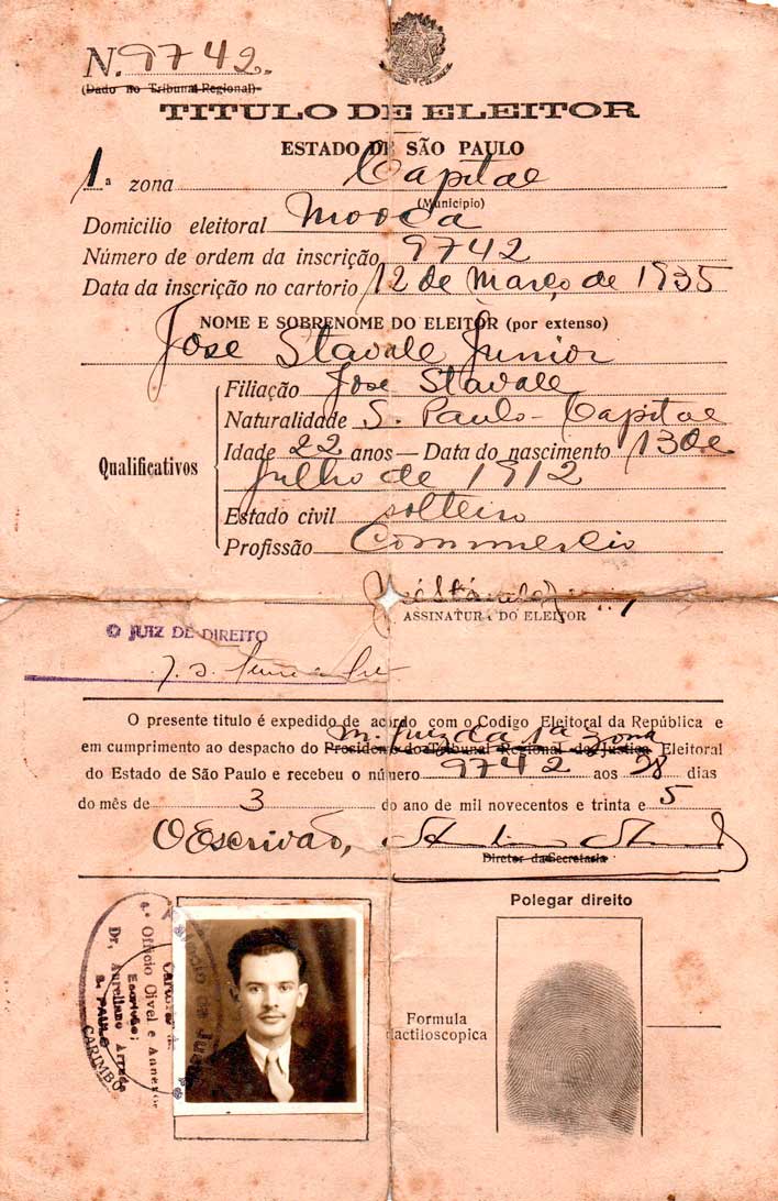 Titulo de Eleitor de Jose Stávale Junior (1936)