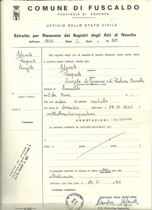 Certidão de nascimento de Pasquale Angelo Stávale