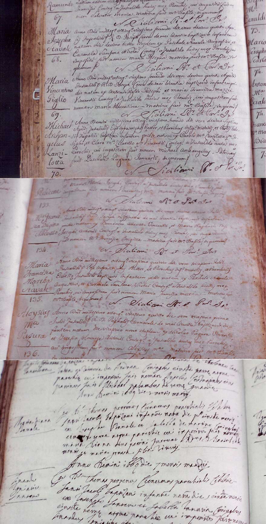 Alcuni vecchi registri di battesimi di membri della famiglia Stávale registrati nella chiesa