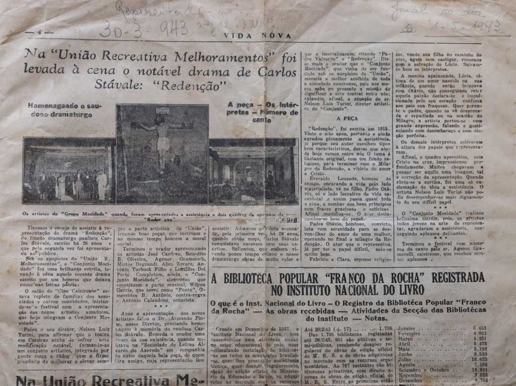 Reportagem do jornal Vida Nova de 01_05_1943 elogiando a peça Redenção