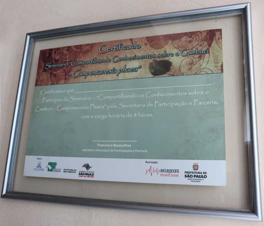 Certificado de Conhecimentos sobre a Fruta Cambuci para Eleide, da Secretaria Municipal de Participação e Parceria