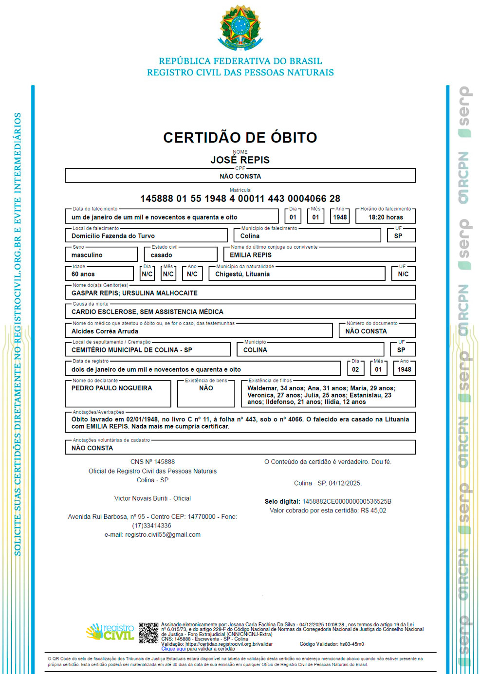 Certidão de Óbito de Juozas Rapsys