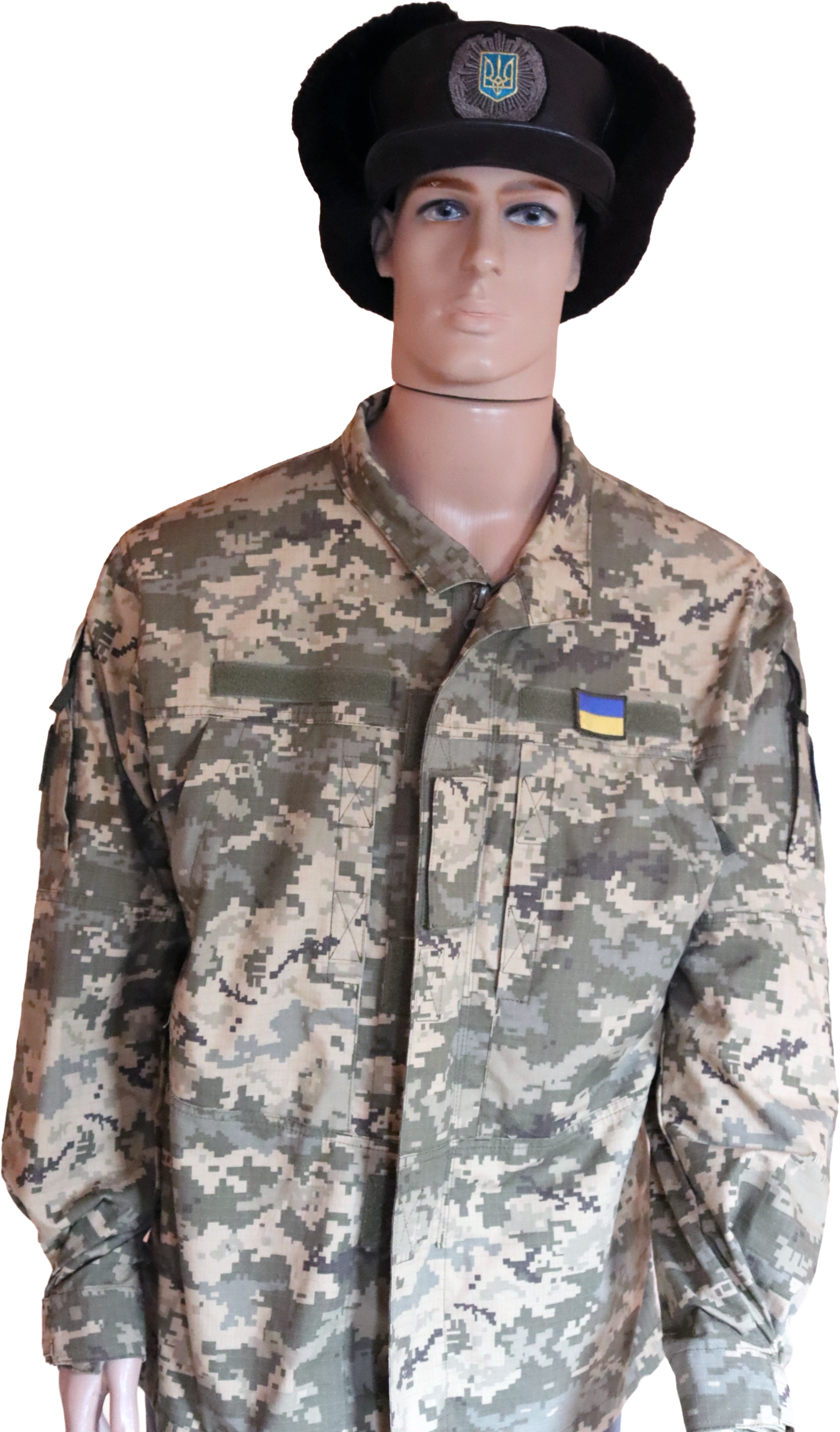 Uniforme camuflado de soldado da Ucrânia com quepe de policial militar da Ucrânia