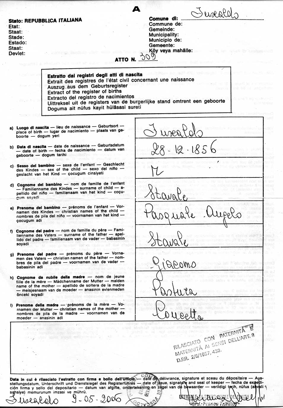 11 Pasquale Angelo Stávale. Atto di Nascita - Certidão de Nascimento