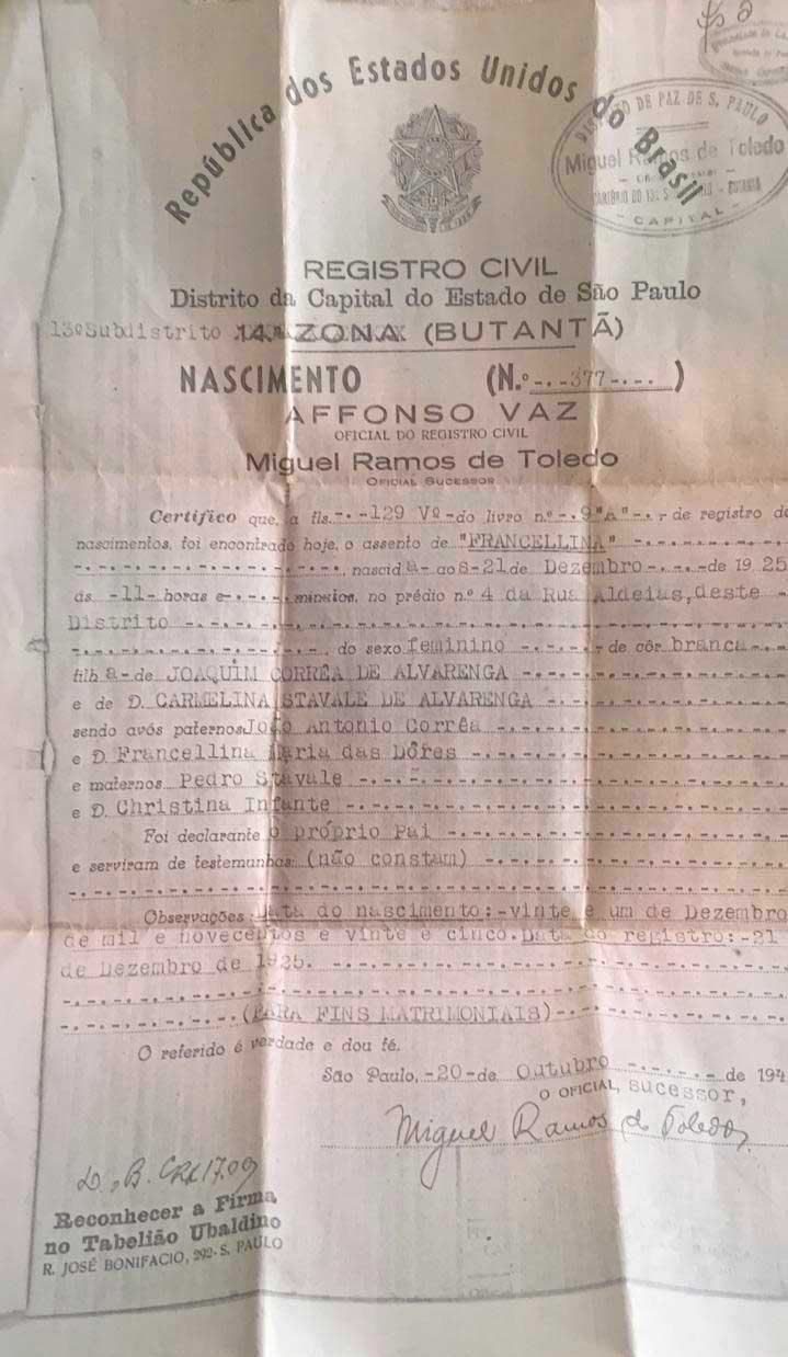 Certidão de Nascimento de Francellina Stávale de Alvarenga 21_12_1925
