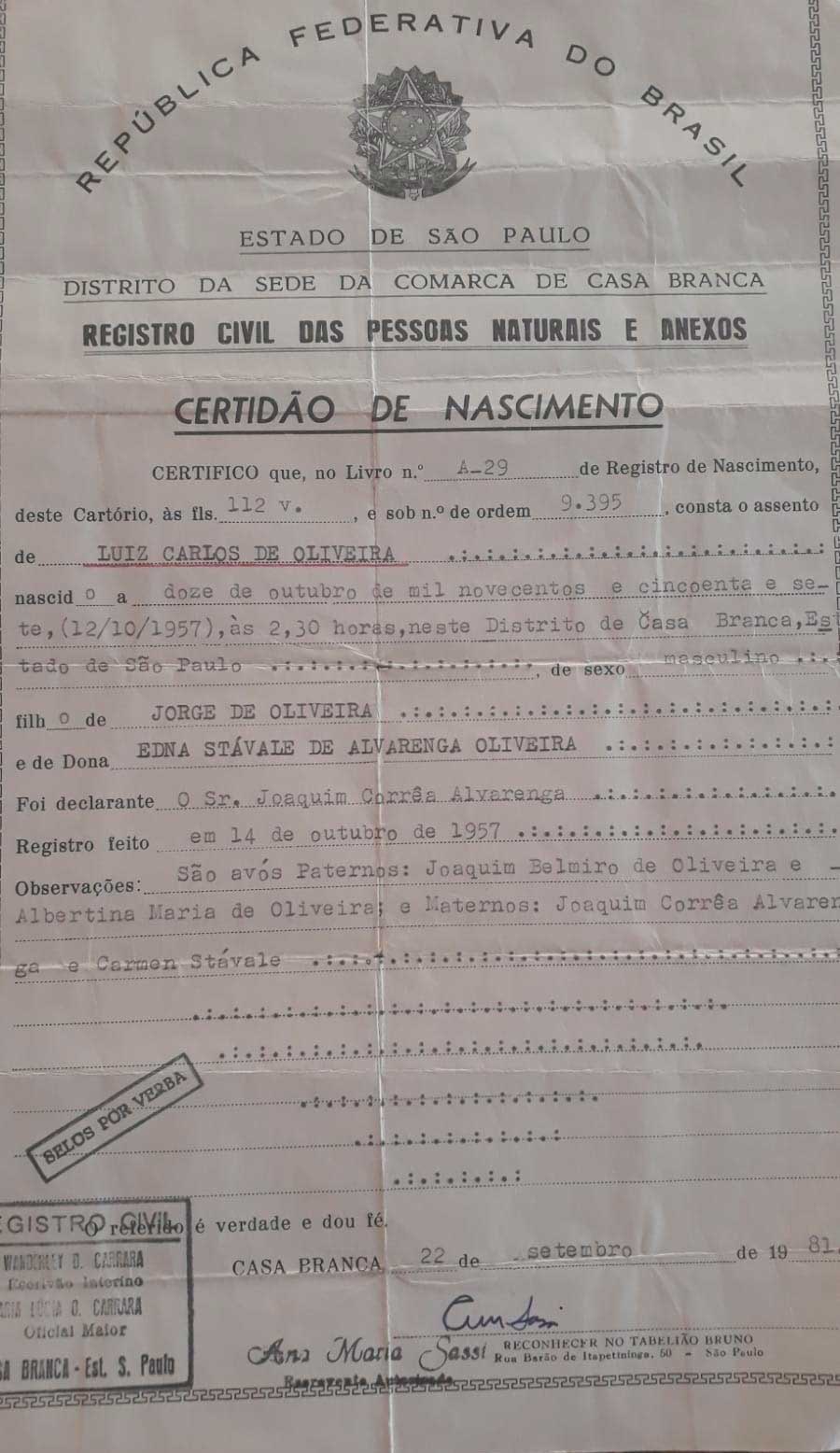Certidão de Nascimento de Luiz Carlos de Oliveira 12_10_1957
