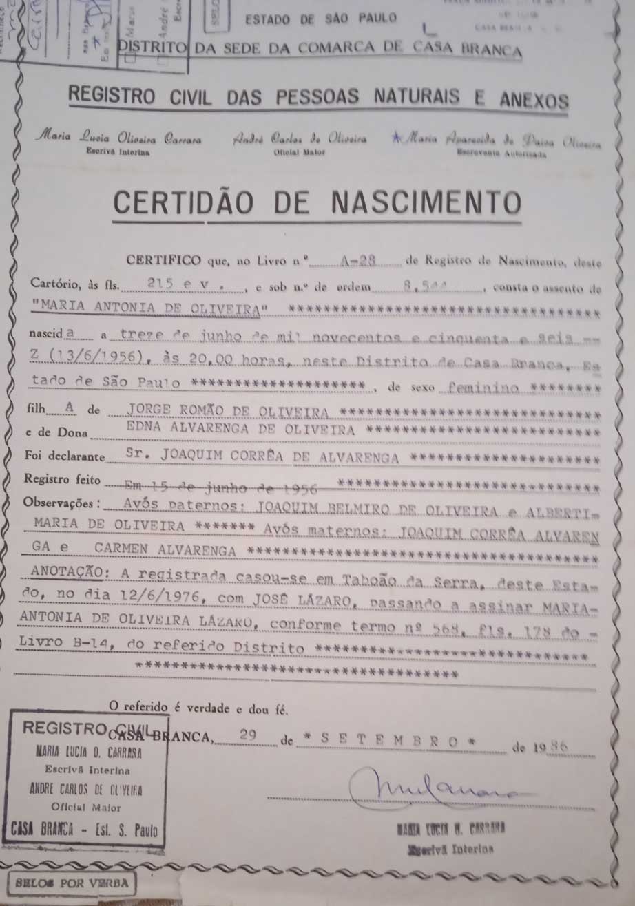 Certidão de Nascimento de Maria Antonia de Oliveira 'Tonya' 13_06_1956