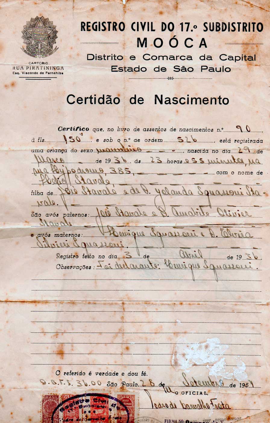 Certidão de Nascimento de Helio Stávale (1936)
