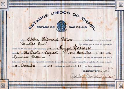 4. Diploma de Lygia Cattozzo do curso primario no Colegio Oswaldo Cruz (Mooca - 1948)