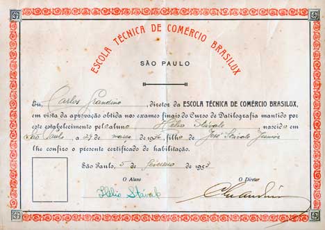 5. Curso de Datilografia de Helio na Escola Tecnica de Comercio Brasilux (Mooca - 1953)