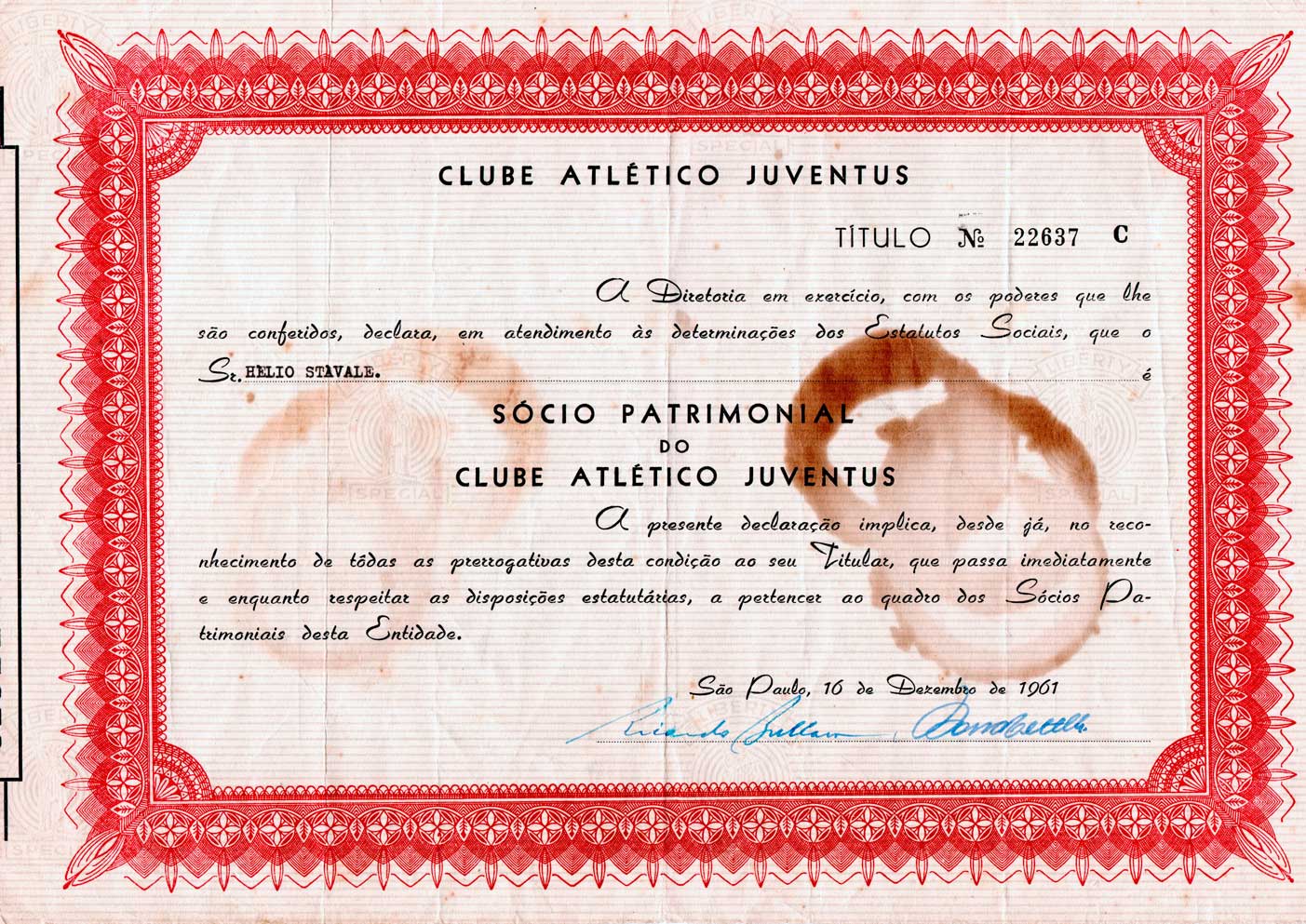 11. Título de Sócio do Clube Atlético Juventus de Helio Stávale (Mooca - 1961)