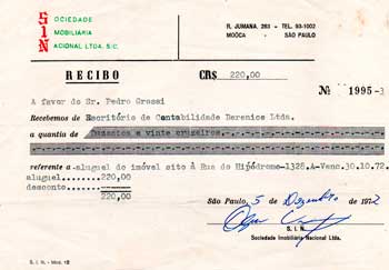 11. Recibo do aluguel pago do escritório de Helio, na Rua do Hipódromo 1328 (Mooca - 1972)