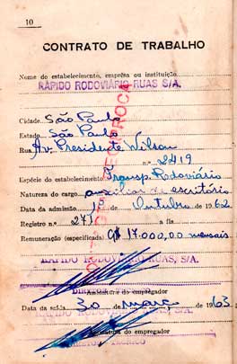 15. Carteira de Lygia. Registrada na empresa de transportes Rápido Rodoviário Ruas (Mooca - 1962)